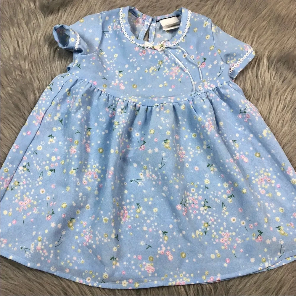 Vintage Toddler Girls Blue Floral Tie Back 90s Dress